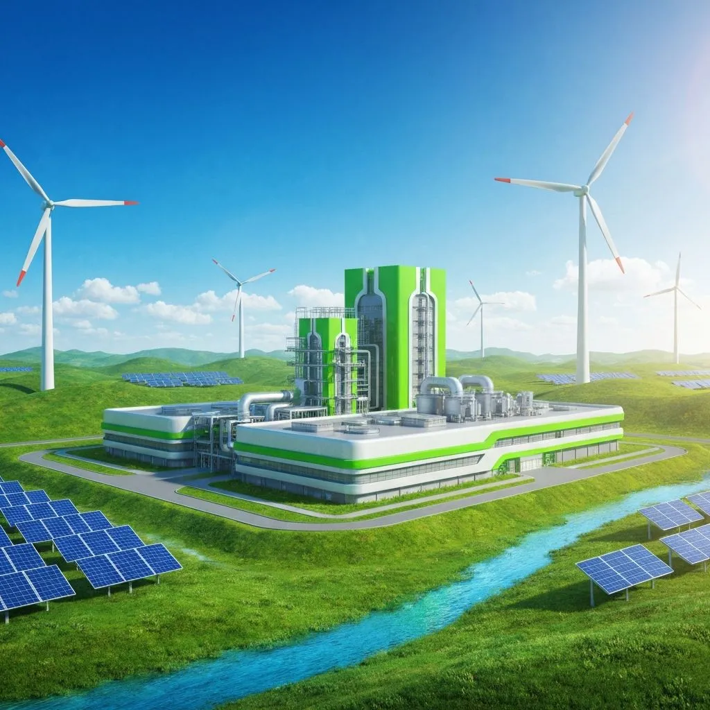 Futuristic green hydrogen production plant with renewable energy landscape - Supreme Hydrogen Group Sweden