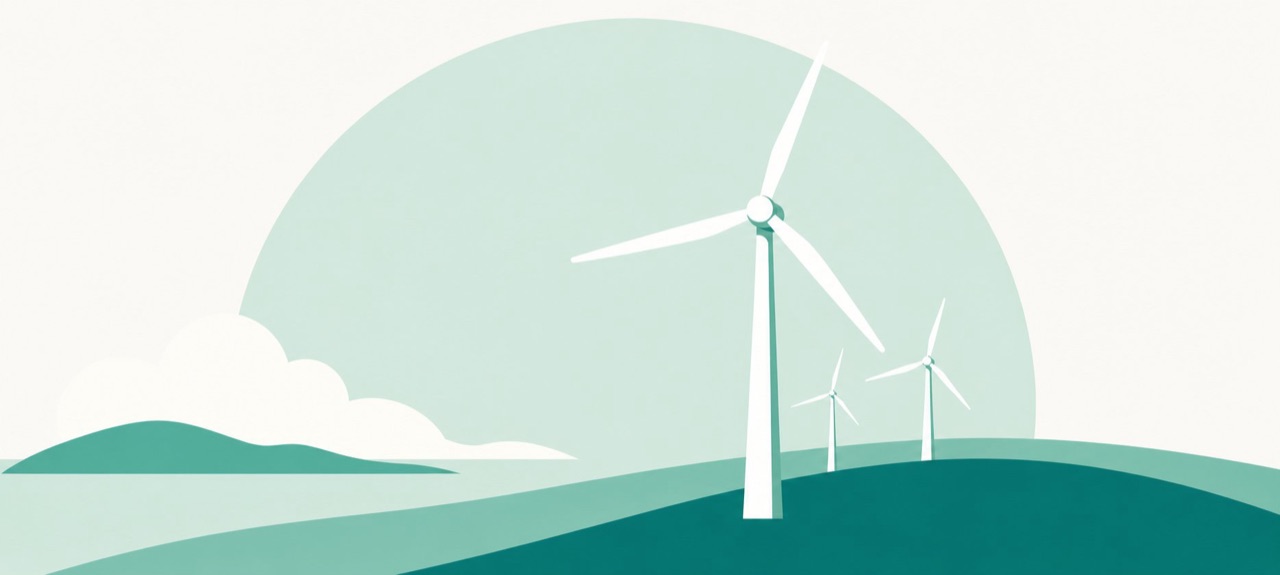 Illustration: vindkraftverk på grön kulle – förnybar energi och vätgasbaserad reservkraft